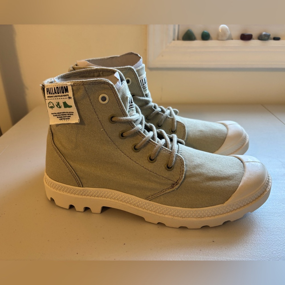 Palladium Canvas High-Top Boots in Olive Green and White